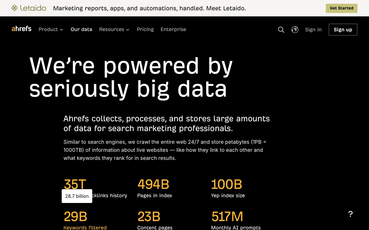 Ahrefs vs SemChat: the Ahrefs Big Data page describing the size and freshness of its link index