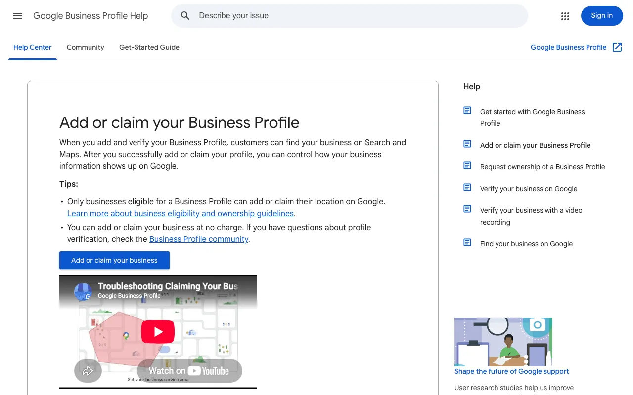 Google's help page to add or claim your Business Profile
