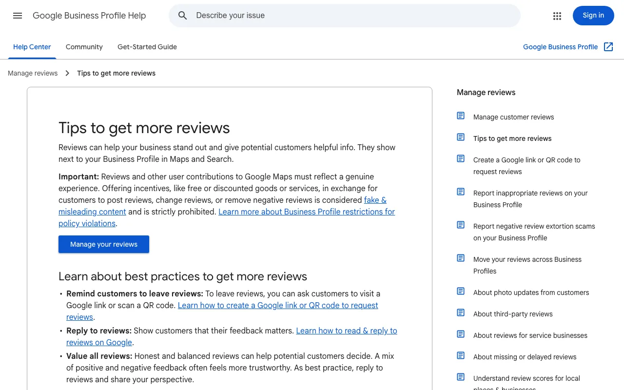 Google Business Profile help page with tips to get reviews and reply to them
