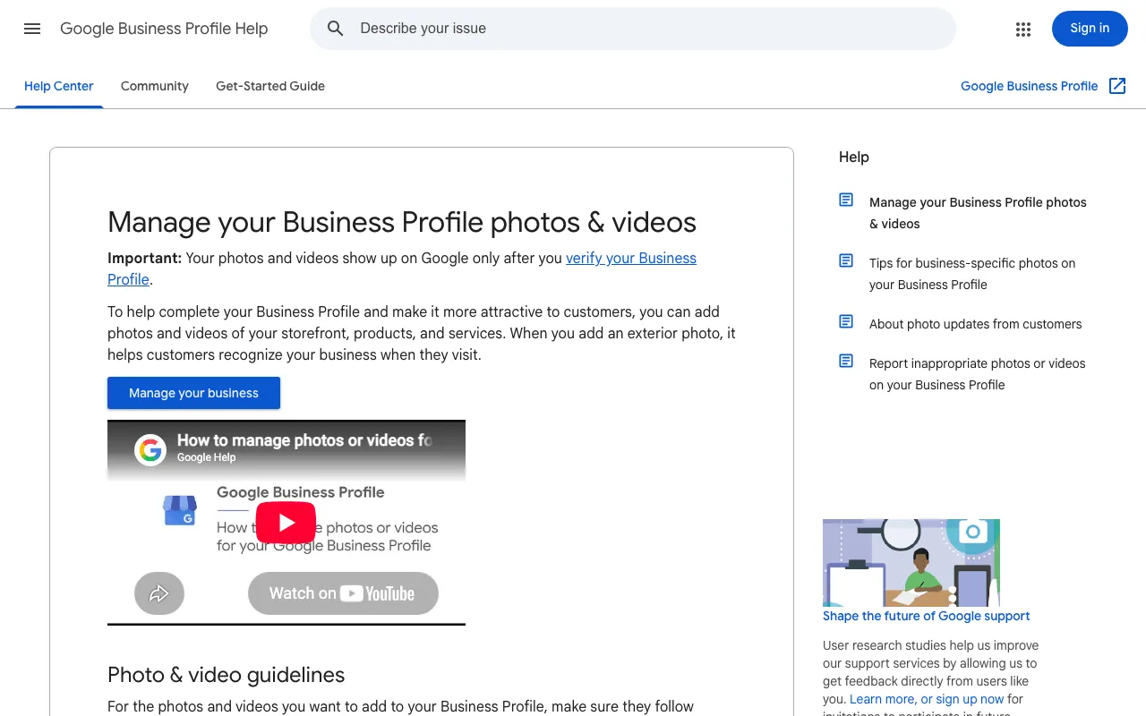 Google Business Profile help page with steps to add or remove photos on a computer