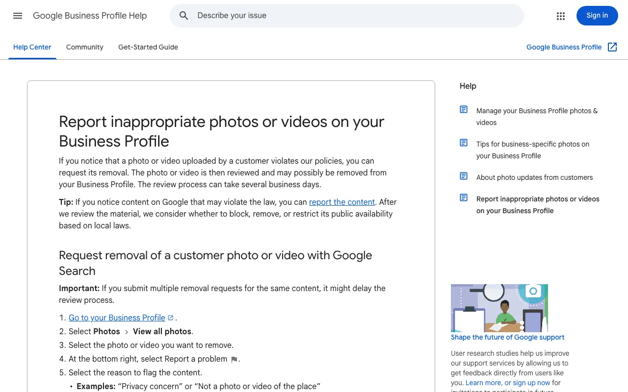 Google Business Profile help page explaining how to request removal of a customer photo