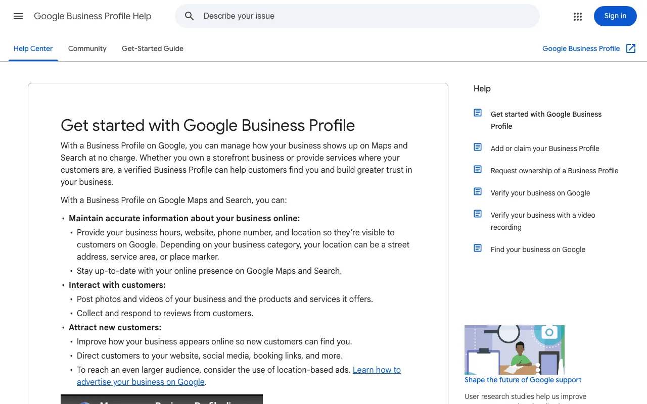 Google Business Profile help page on which businesses are eligible for a profile