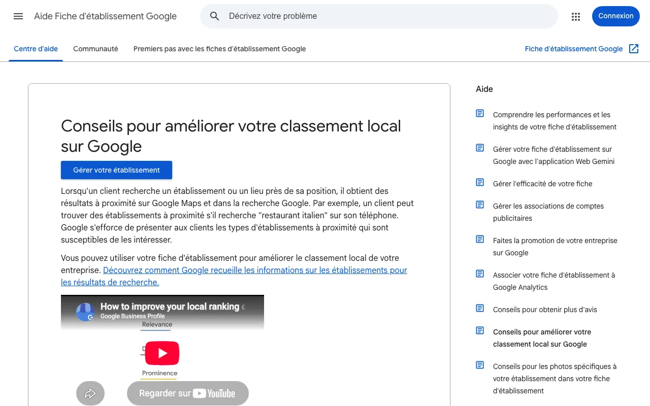Page d'aide de Google avec ses conseils pour améliorer le classement local d'un établissement