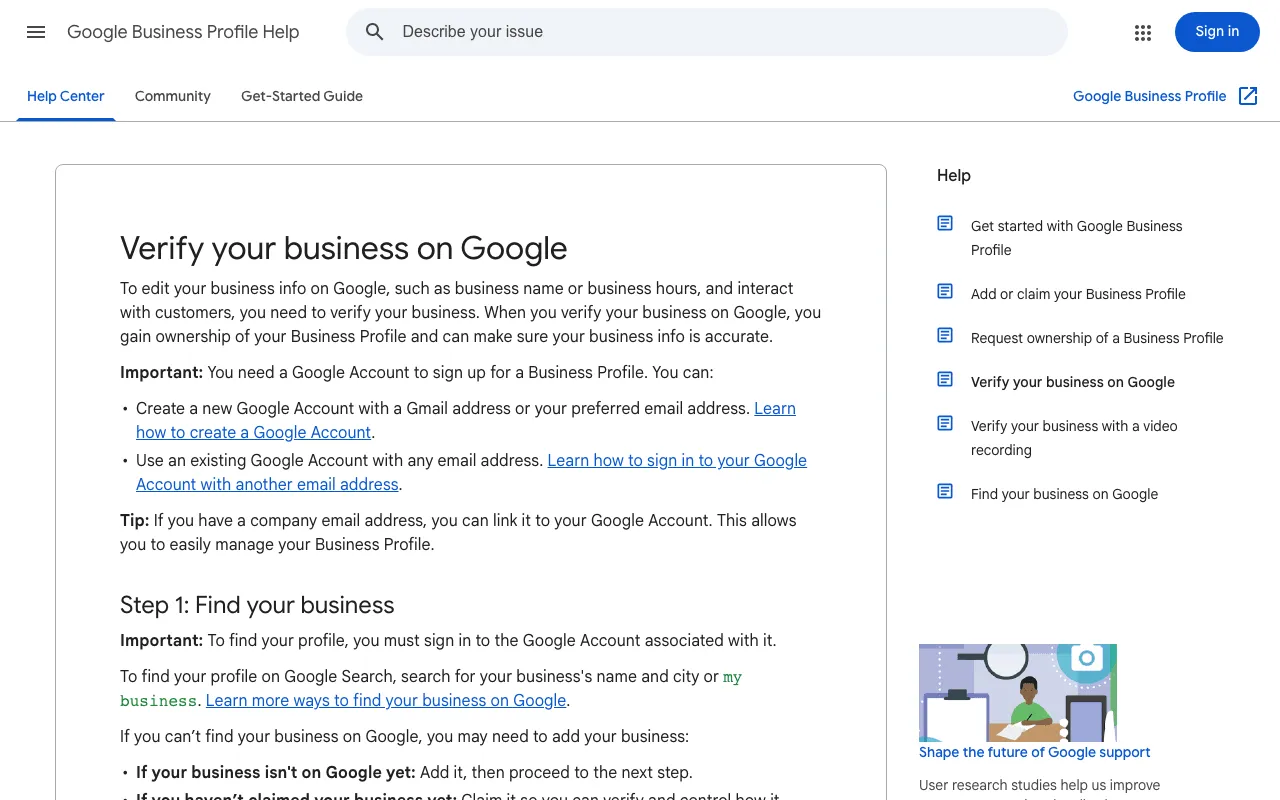 Google Business Profile help page listing phone, email and video verification options