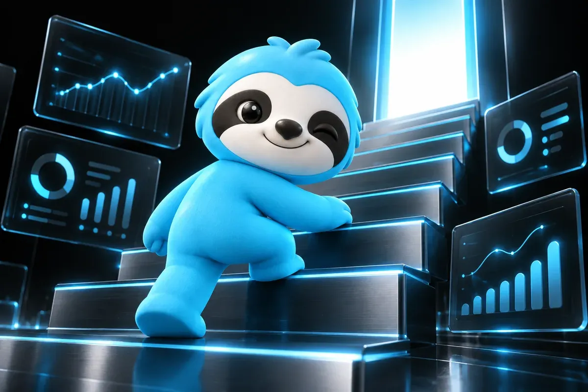 Sloth climbing a gentle staircase toward a bright window at the top