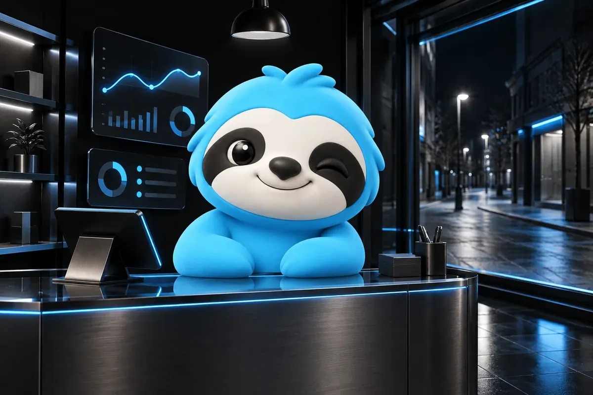Sloth waiting behind the counter of a quiet shop with an empty street outside