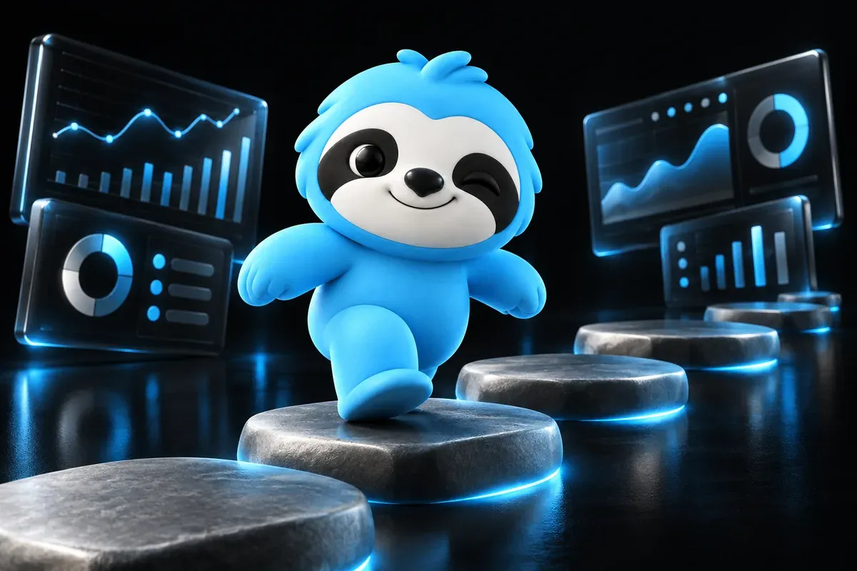 Sloth taking a first careful step on a path of large stepping stones