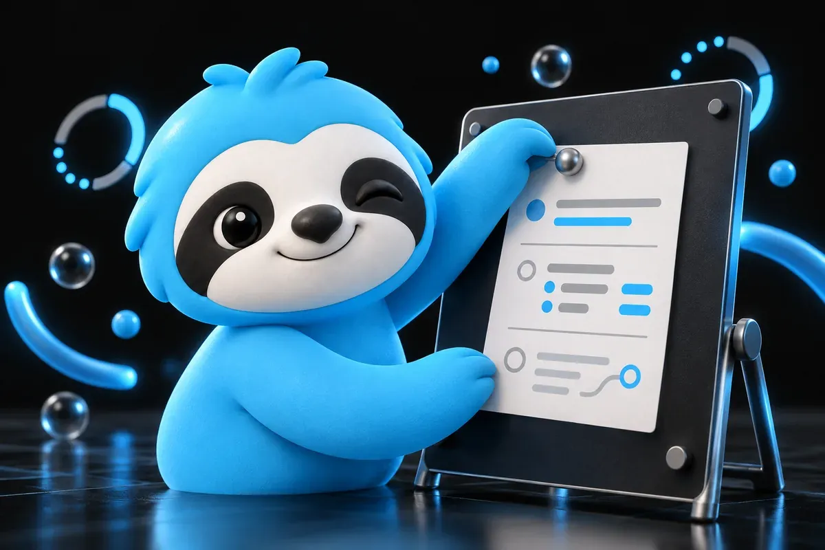 Content brief generator: a sloth pins a page outline on a board before writing