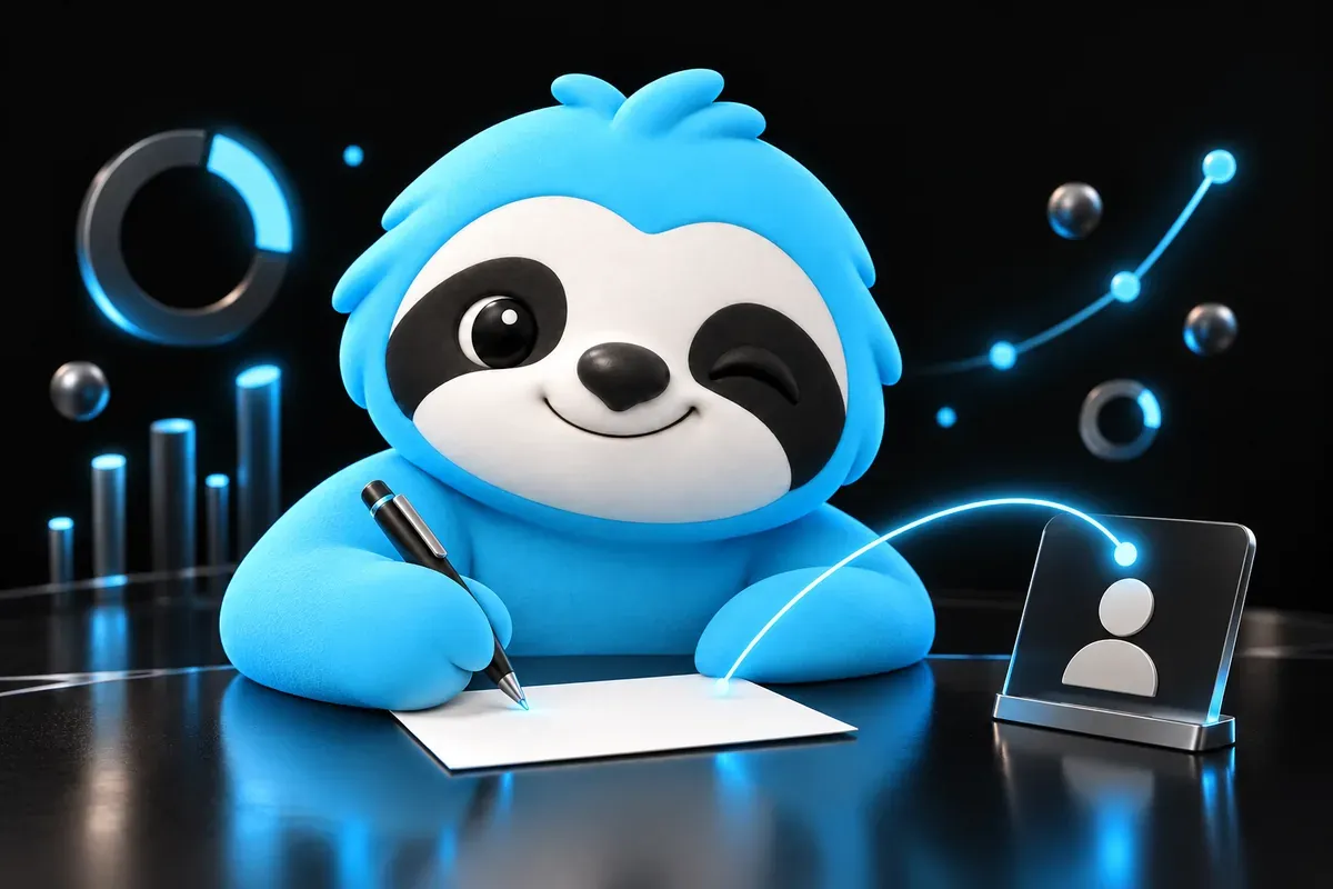 Link building outreach tools: a sloth writes a friendly note to another website owner