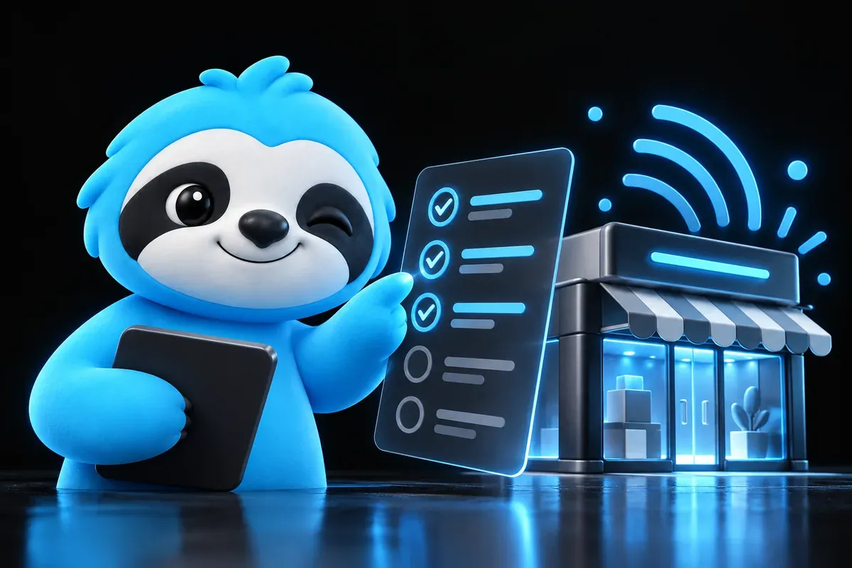 SEO for new website: a sloth checks a list before opening a brand new shop