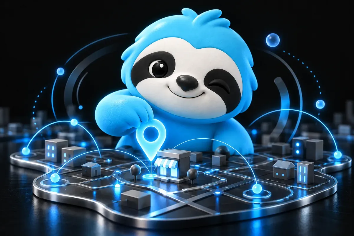 Local SEO tool: a sloth pins a small shop on a neighborhood map