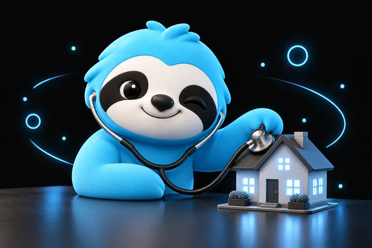 Test SEO d'un site : paresseux qui ausculte une maison miniature avec un stéthoscope