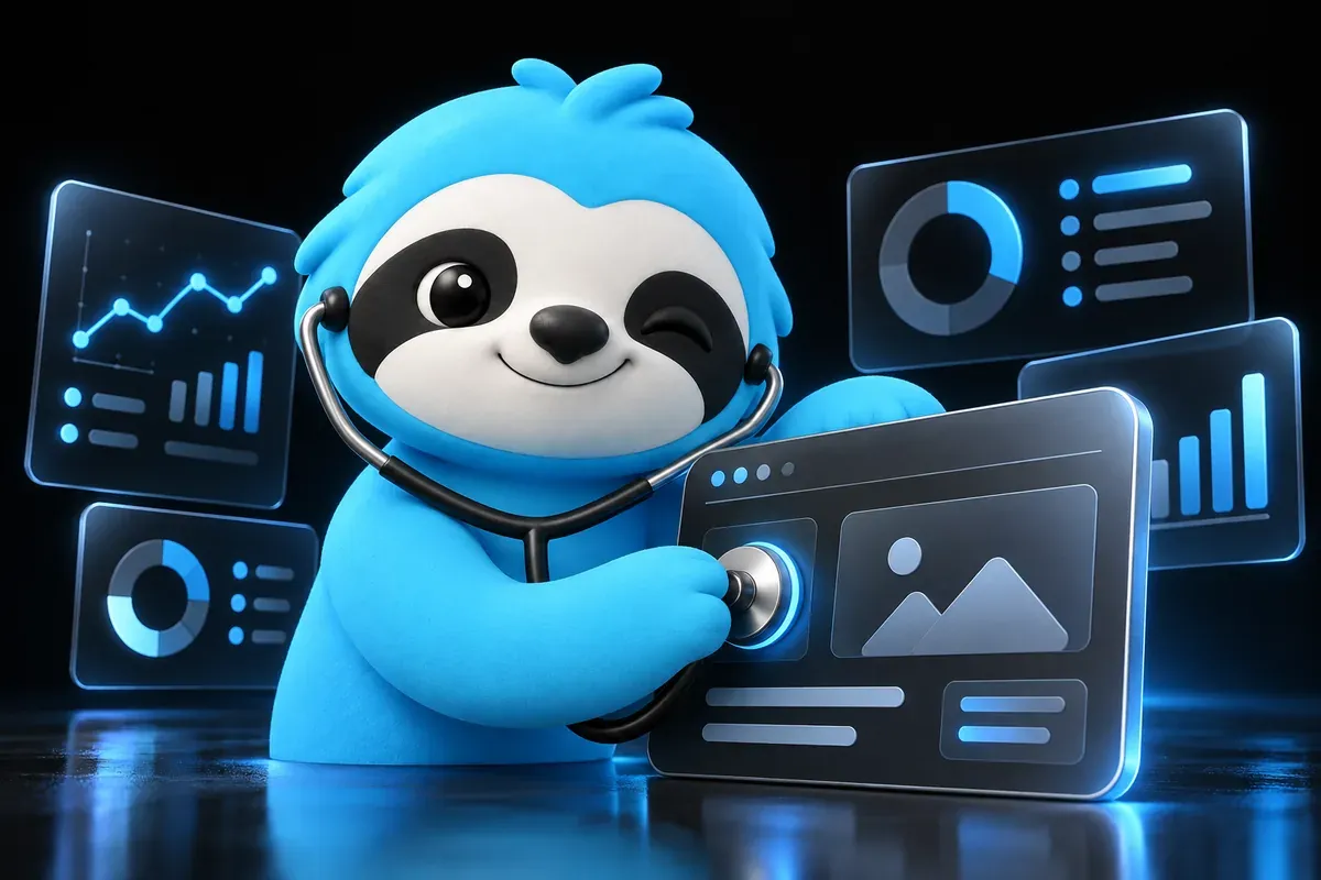 SEO checker as a check-up: a sloth listens to a website with a stethoscope