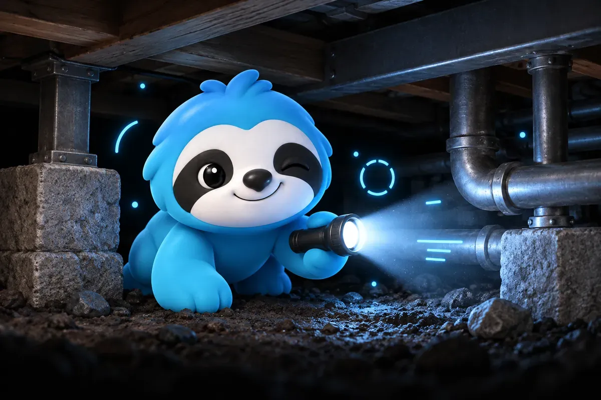 Audit technique SEO : paresseux qui inspecte les fondations d'une maison avec une lampe torche