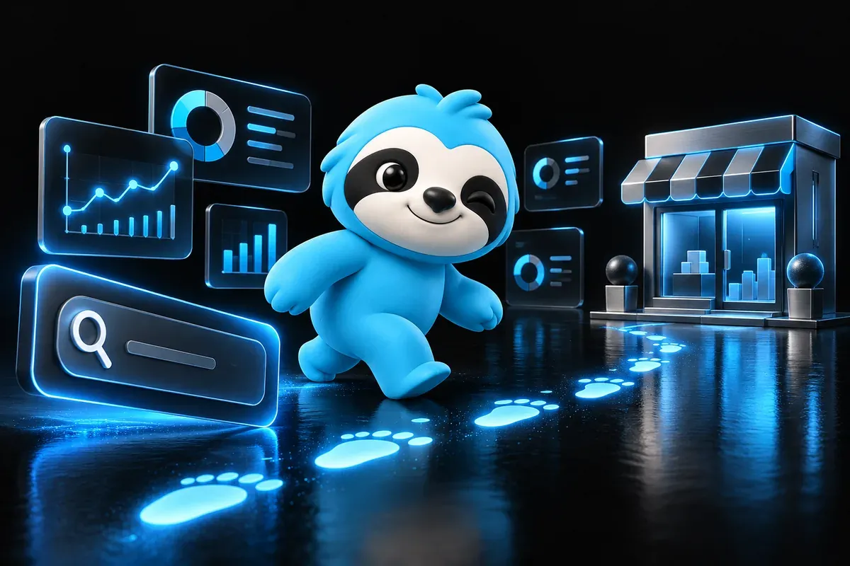 Check website keywords: a sloth follows footprints from a search box to a shop