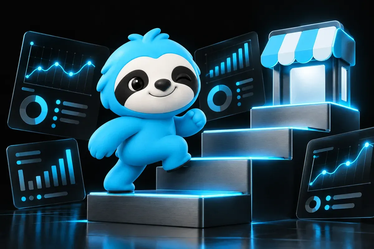 Add business to Google: a sloth climbs a short staircase toward a shop sign