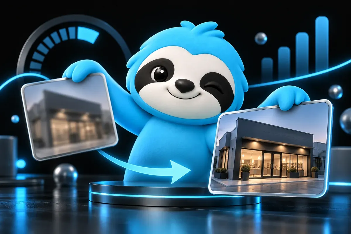 A sloth shopkeeper swaps an old blurry storefront photo for a sharp new one