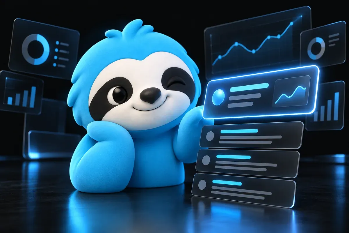 AI Overviews SEO: a sloth reads a short summary card placed above a stack of links