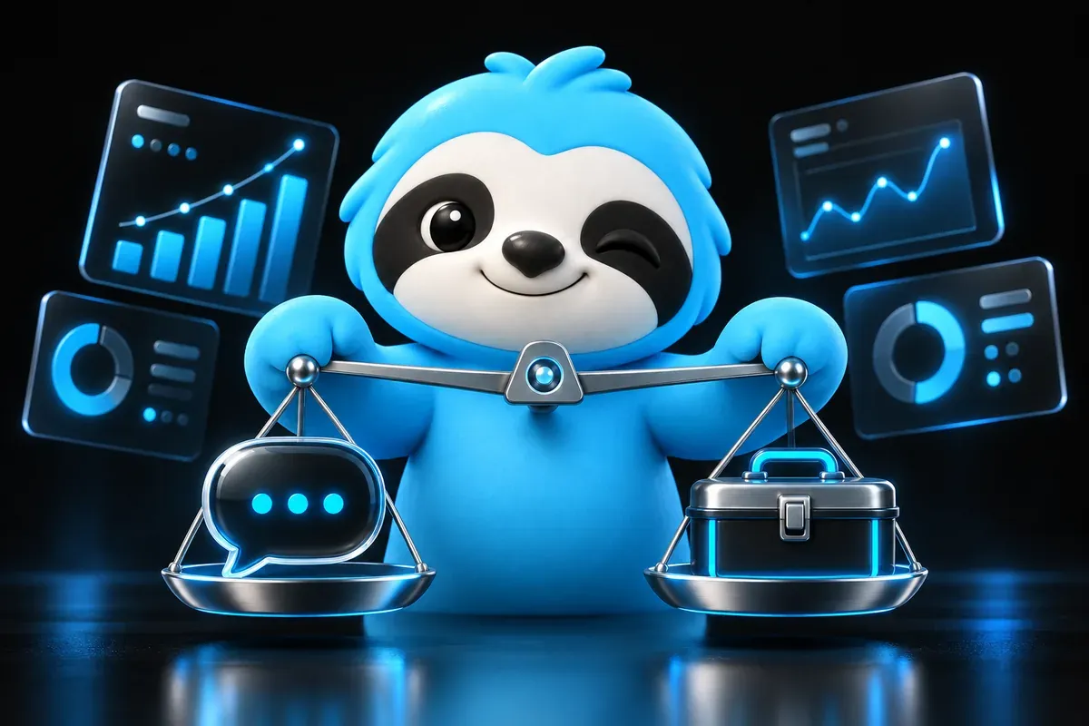 ChatGPT for SEO: a sloth weighs two helpers, a chat bubble and a toolbox