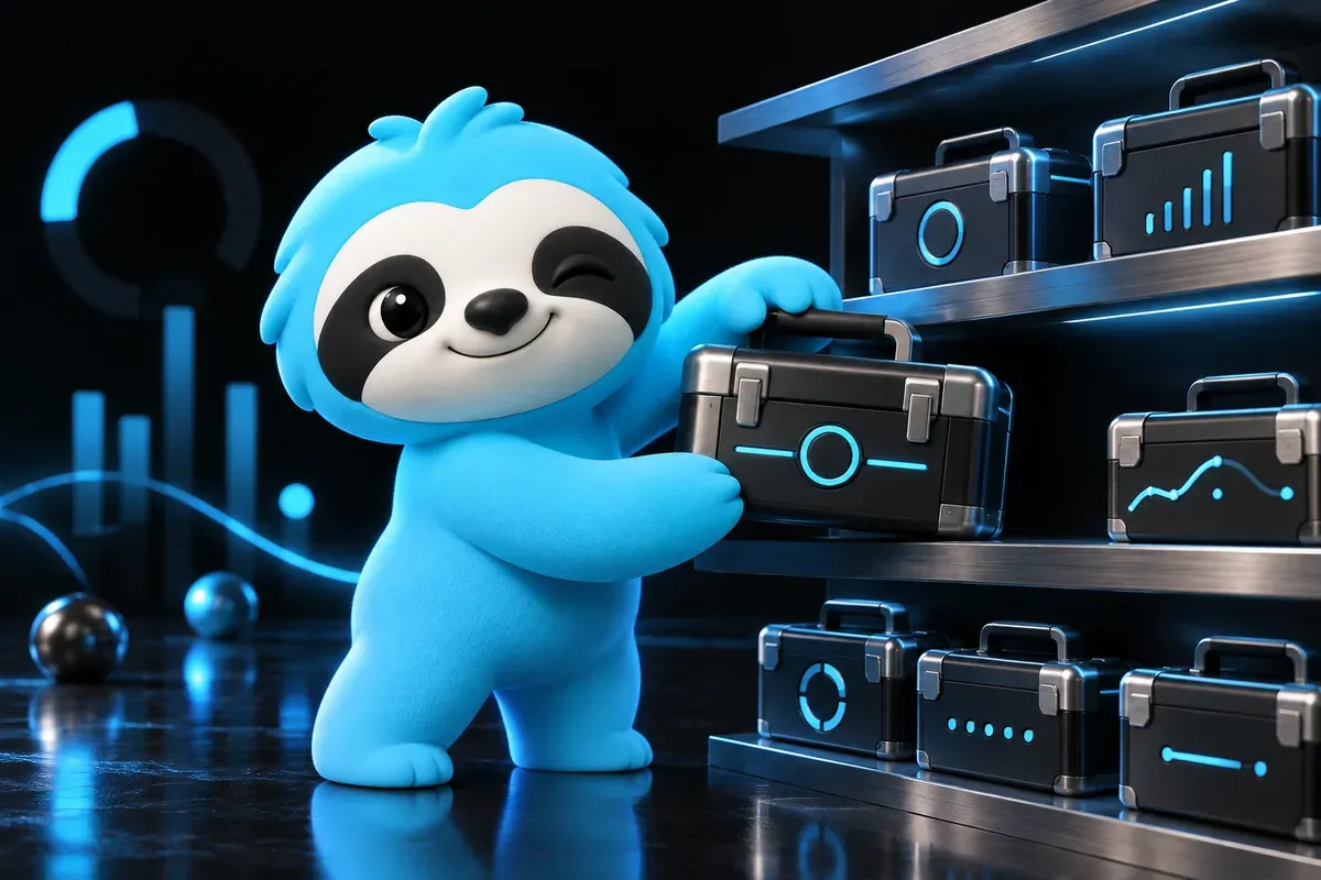 WordPress SEO plugin choice: a sloth picks one toolbox from a shelf of several