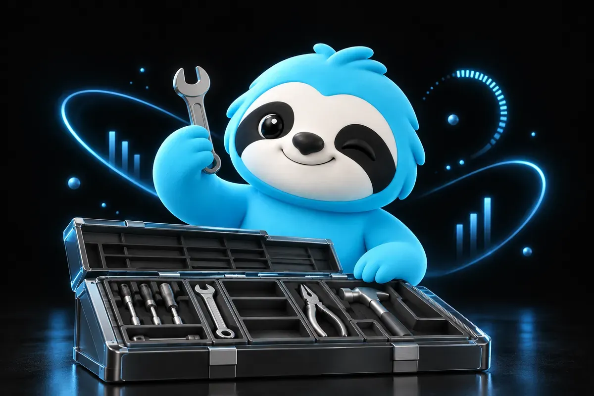 Plugins WordPress SEO : paresseux qui choisit un outil dans une boîte à outils bien rangée