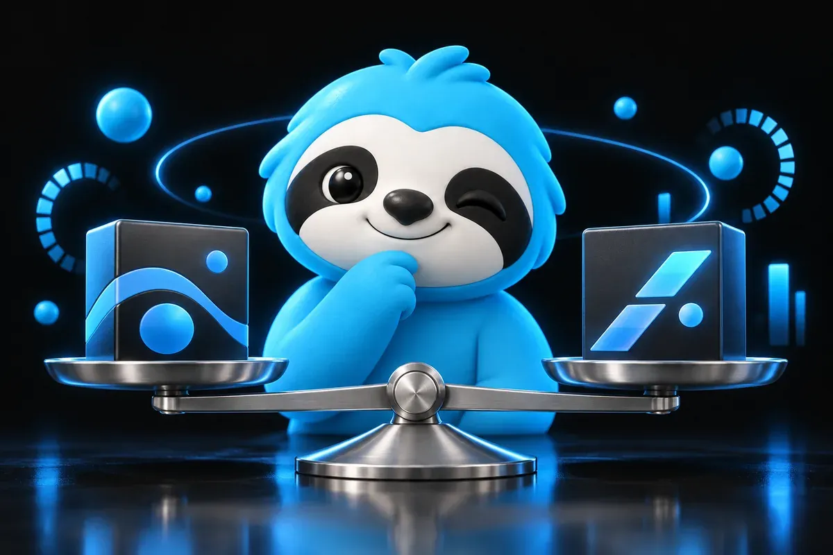 Rank Math vs Yoast: a sloth weighs two plugin boxes on a balance