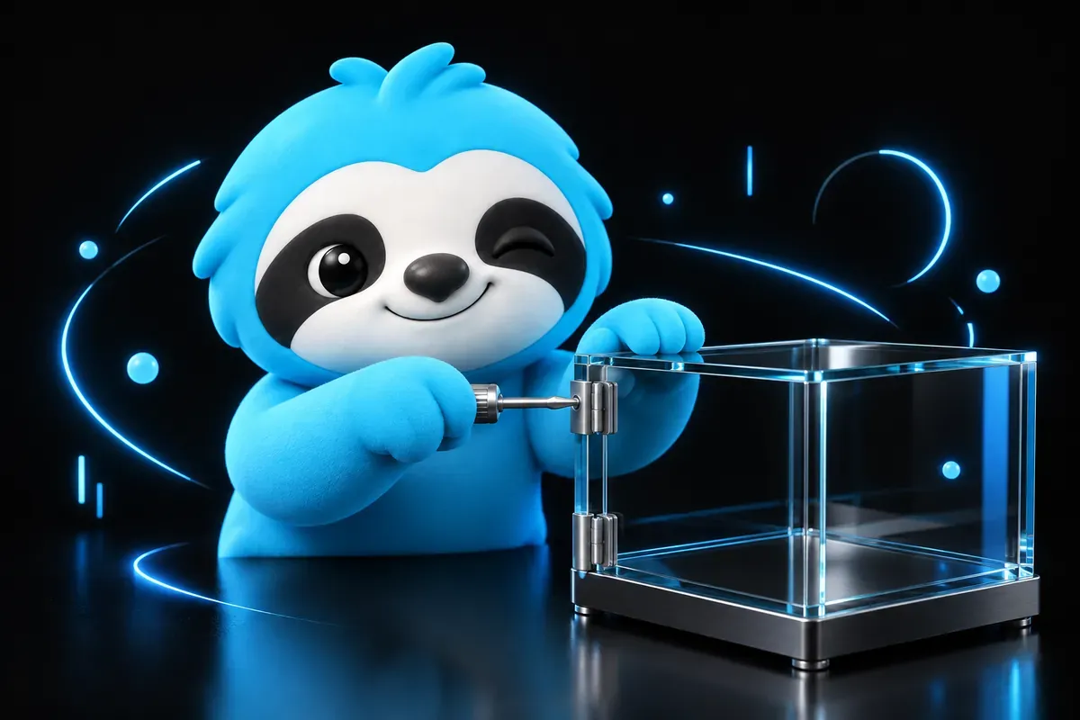 Webflow SEO : paresseux qui peaufine une vitrine en verre avec un petit tournevis
