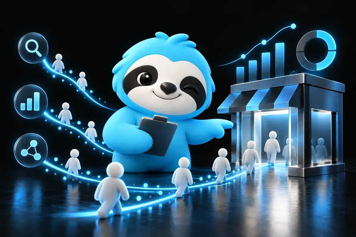 Website traffic checker: a sloth counts visitors walking into a small online shop