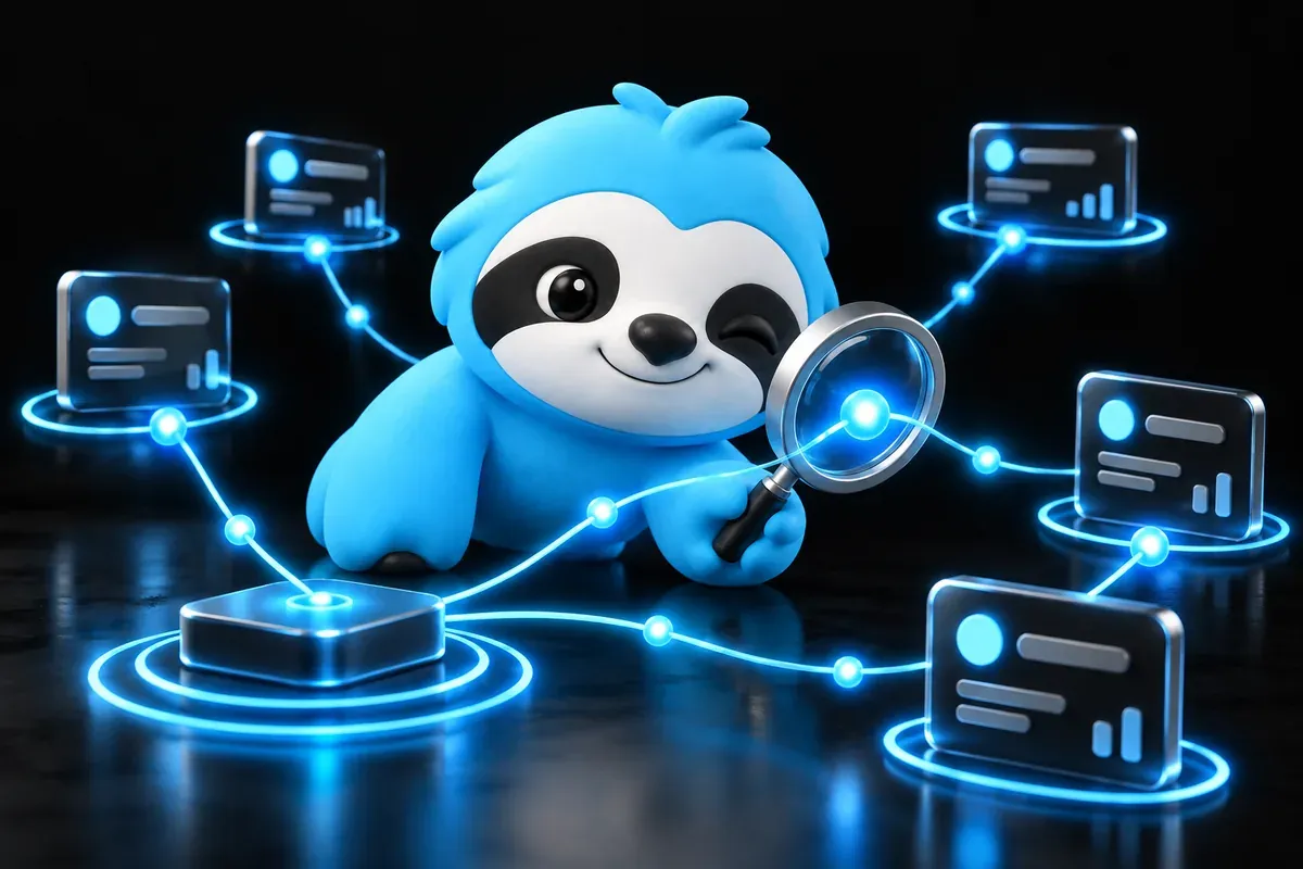 Check backlinks: a sloth follows threads from its site to other sites with a magnifier