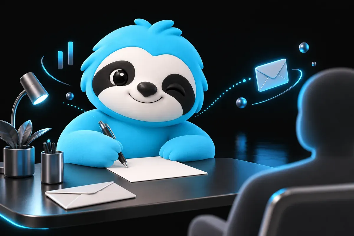 SEO content writing: a sloth writes a letter to one reader at a cozy desk