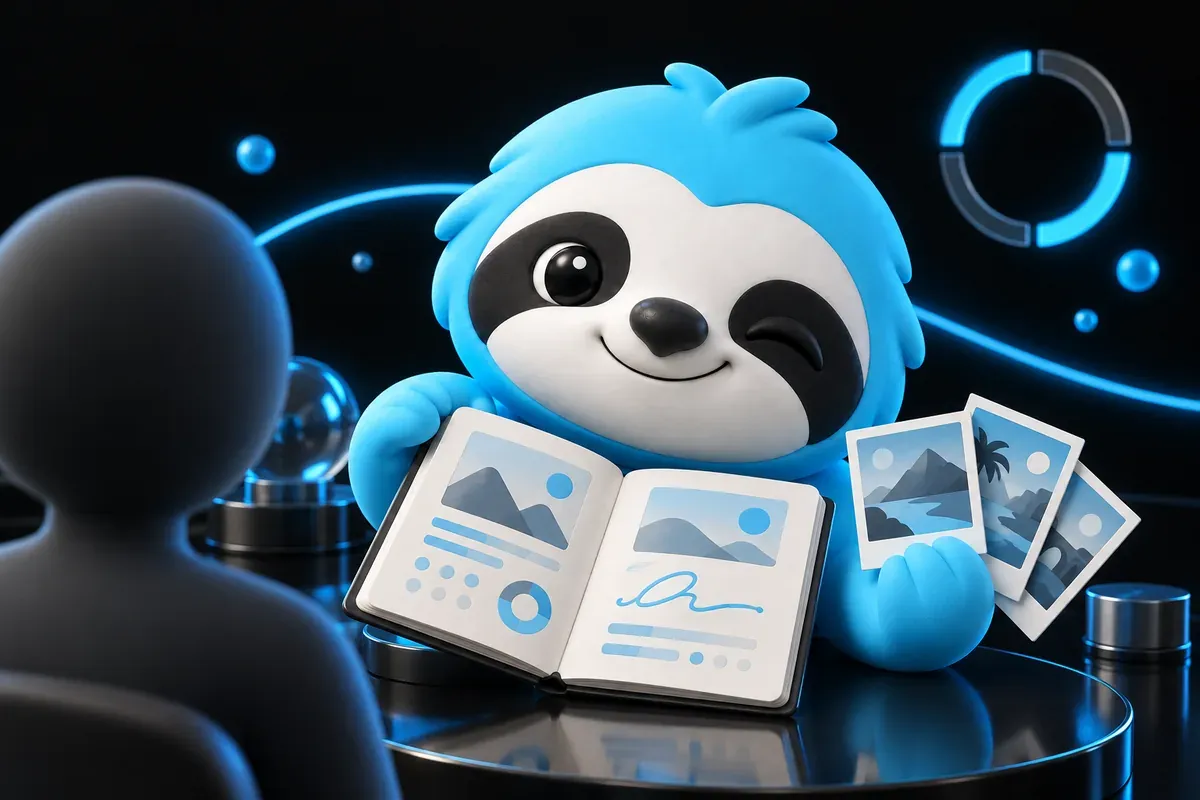 EEAT meaning: a sloth shows its signed notebook and photos to a curious visitor