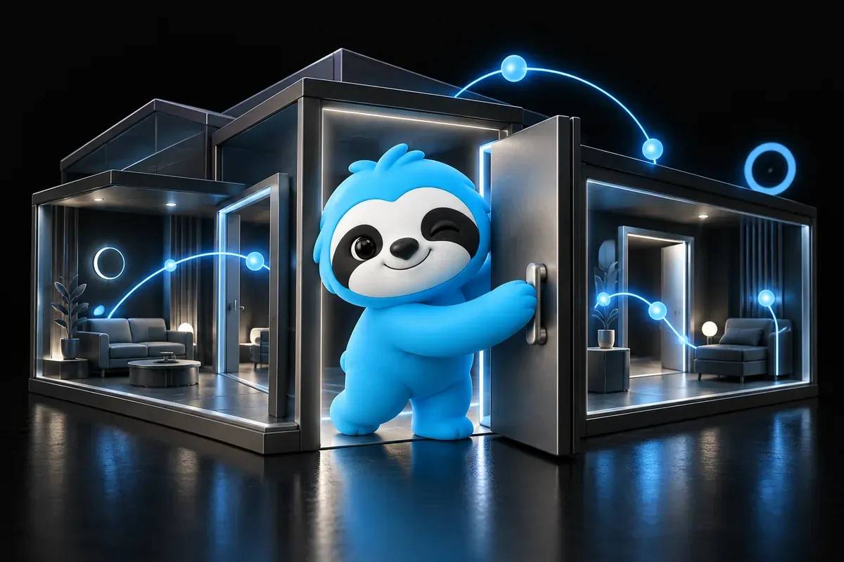 Internal linking SEO: a sloth opens doors between the rooms of a small house