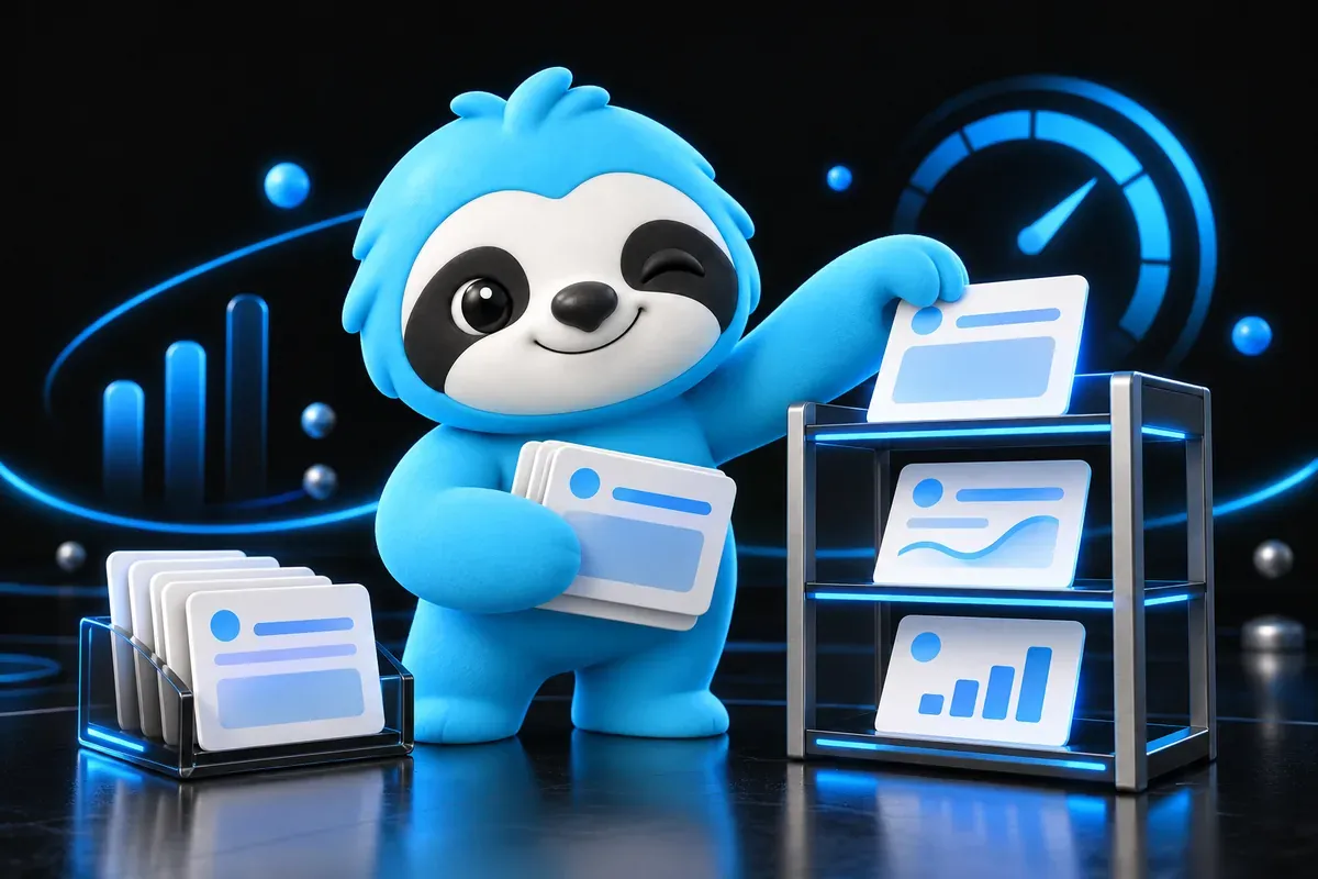 Website optimisation: a sloth sorts its web pages one by one on a shelf