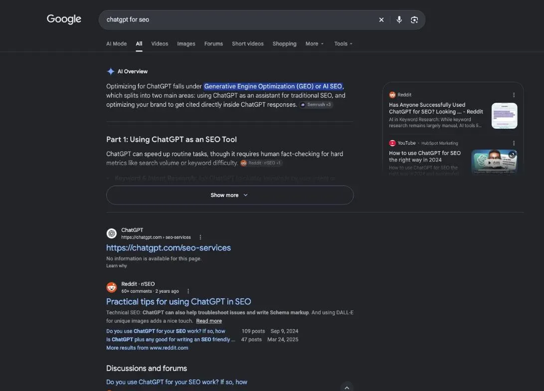 First page of Google results for chatgpt for seo, with an AI Overview, a Reddit thread and forum discussions