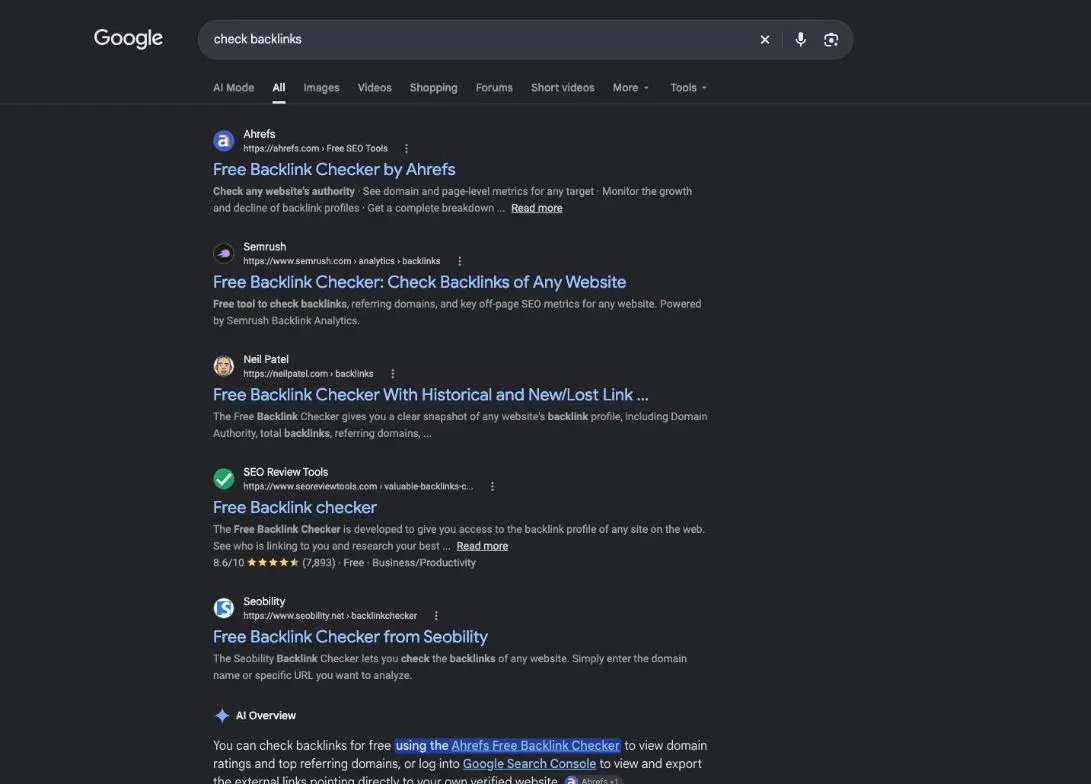 Google results for the search "check backlinks"