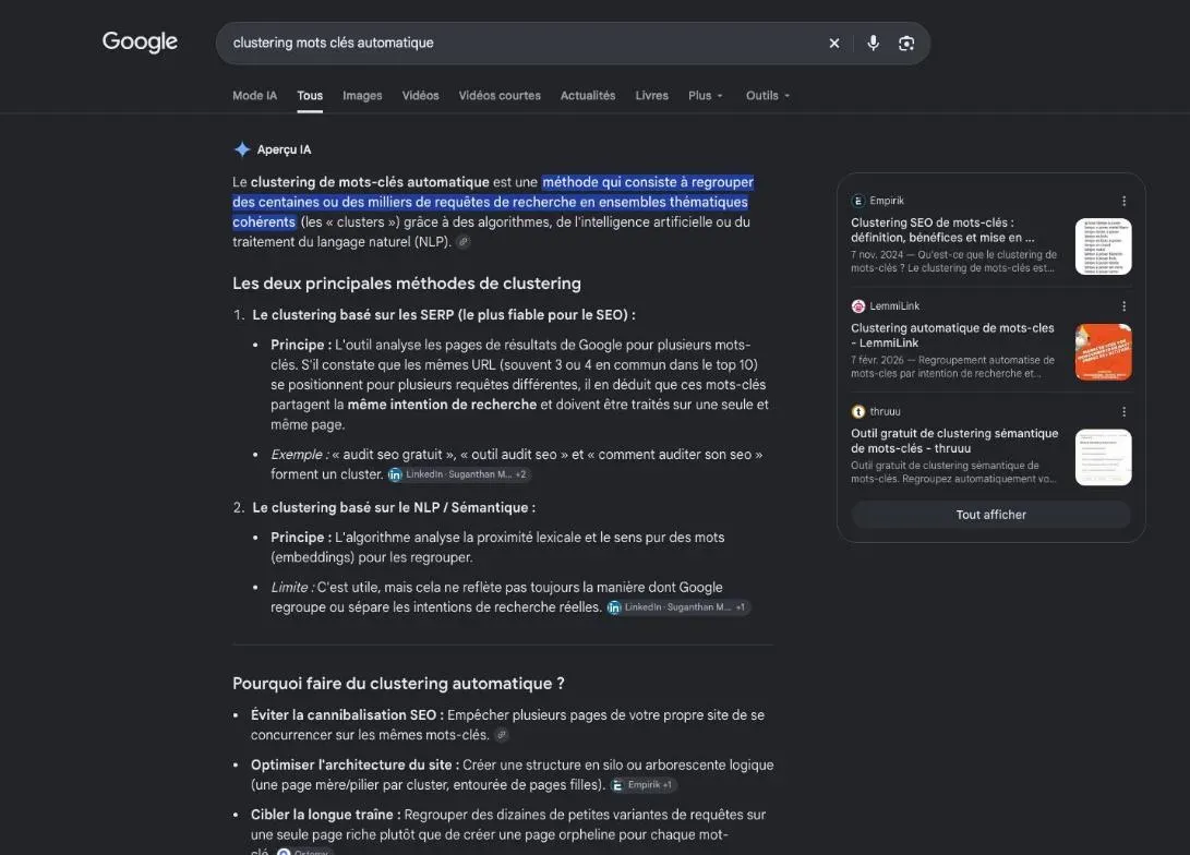Résultats de Google pour la recherche « clustering mots clés automatique »