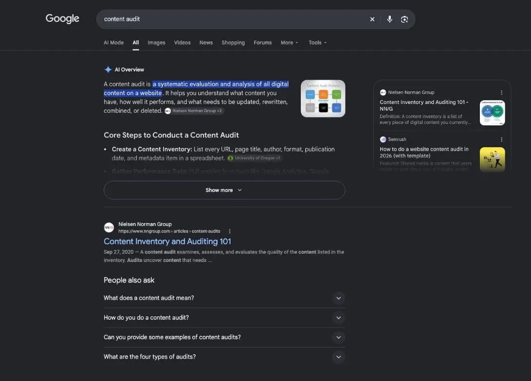 First page of Google results for content audit, mostly step-by-step guides