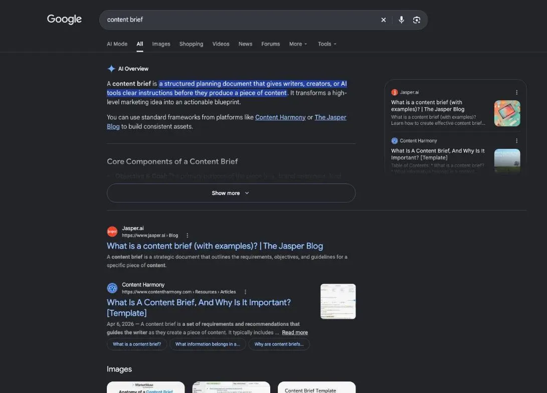 Google results for the search "content brief"