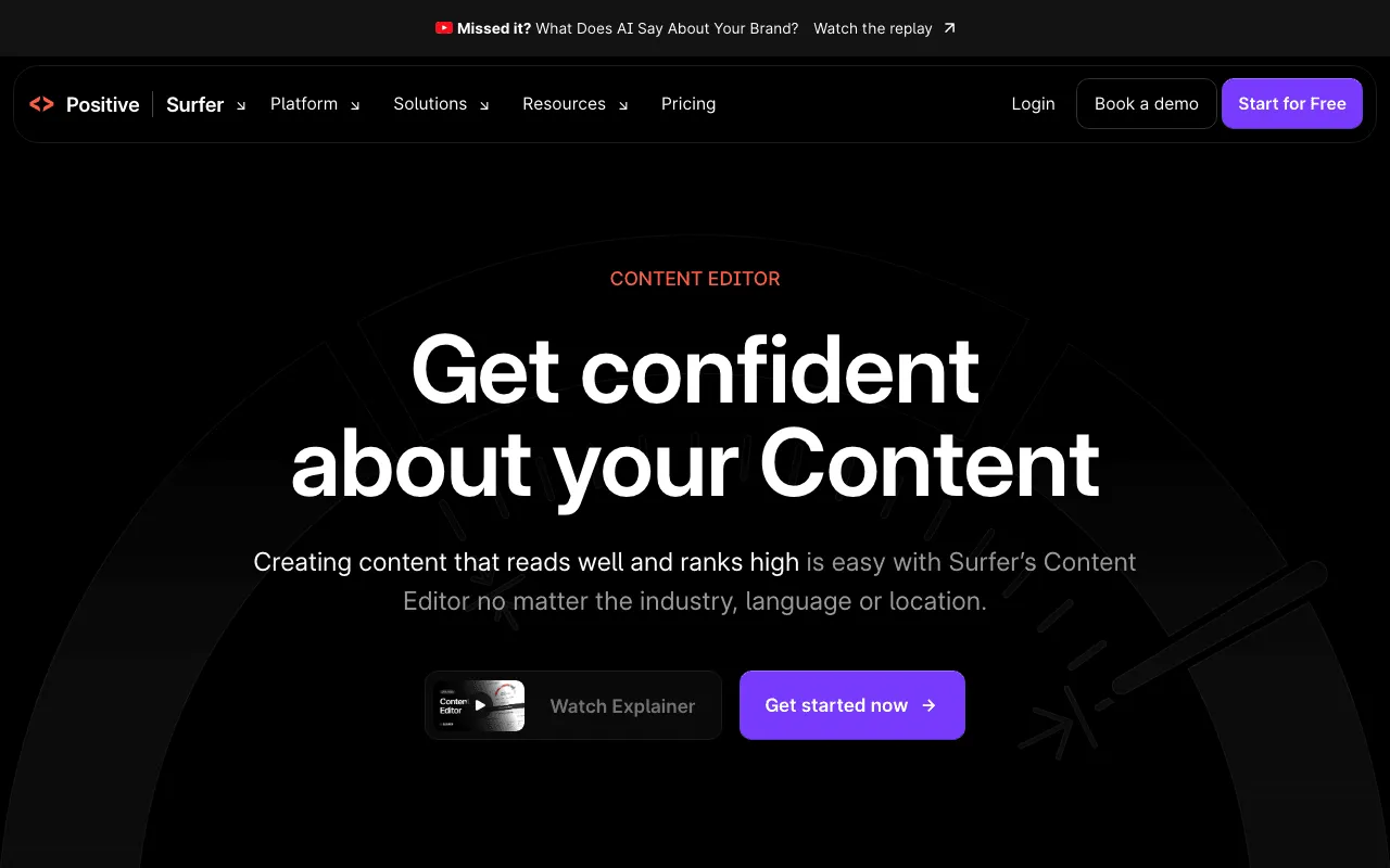 Surfer SEO vs SemChat: the Surfer Content Editor page with a content score that updates as you write