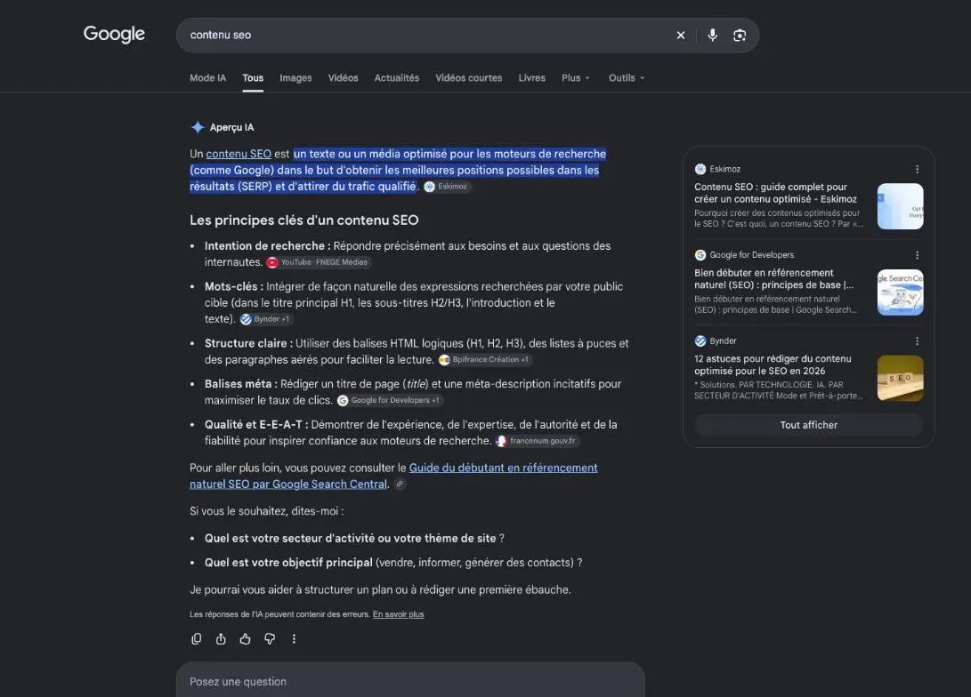Résultats de Google pour la recherche « contenu seo »