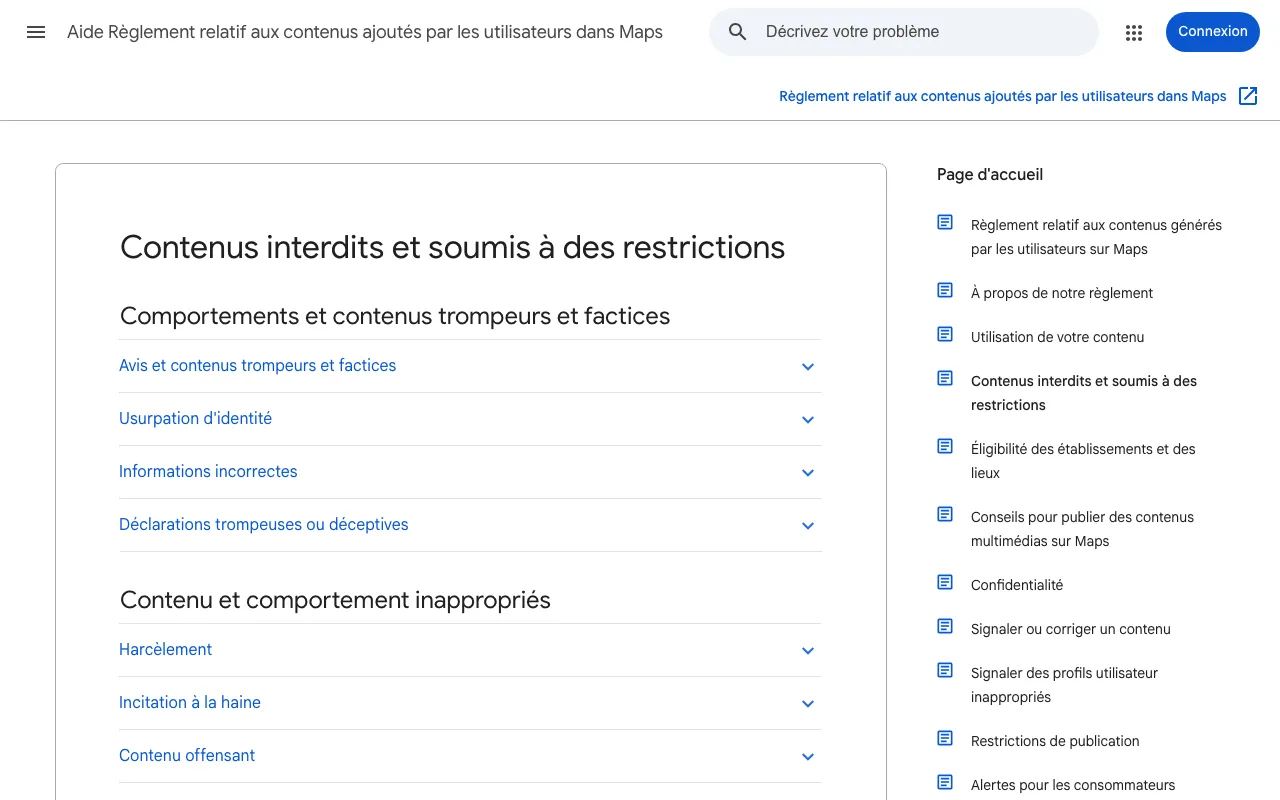 Page d'aide de Google qui liste les contenus interdits et soumis à des restrictions dans Maps