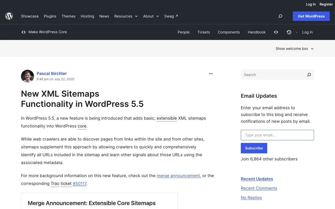 Page de WordPress qui annonce le sitemap XML intégré au cœur du logiciel