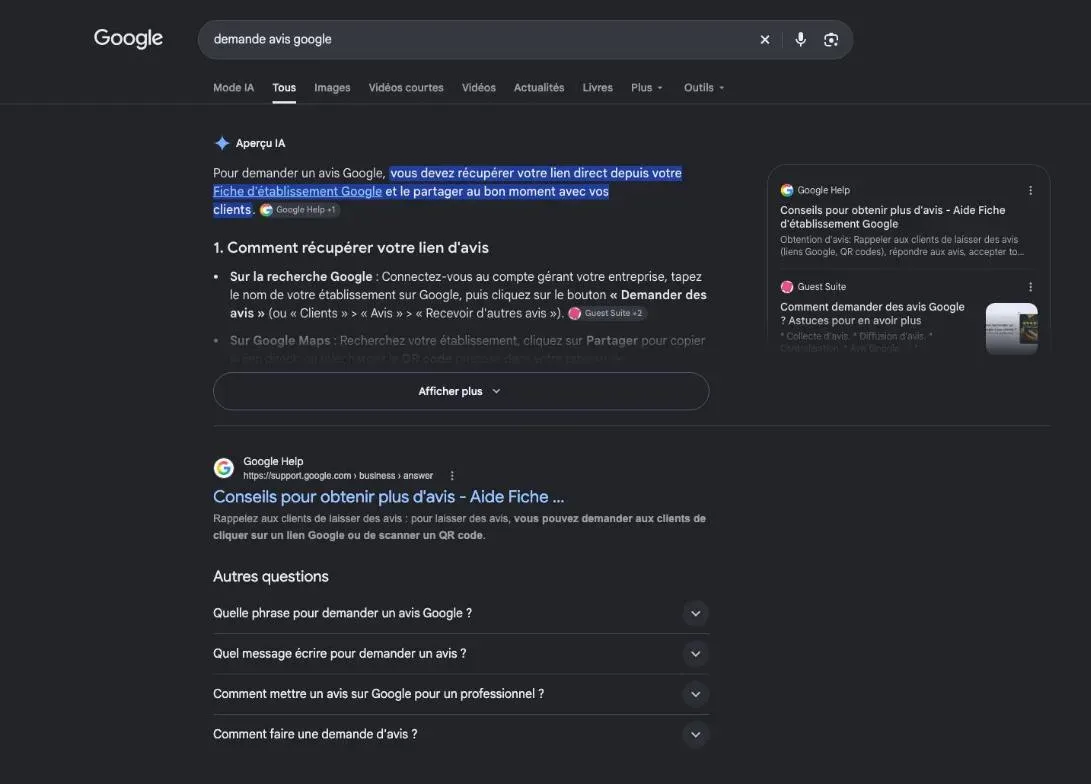 Résultats de Google pour la recherche « demande avis google »