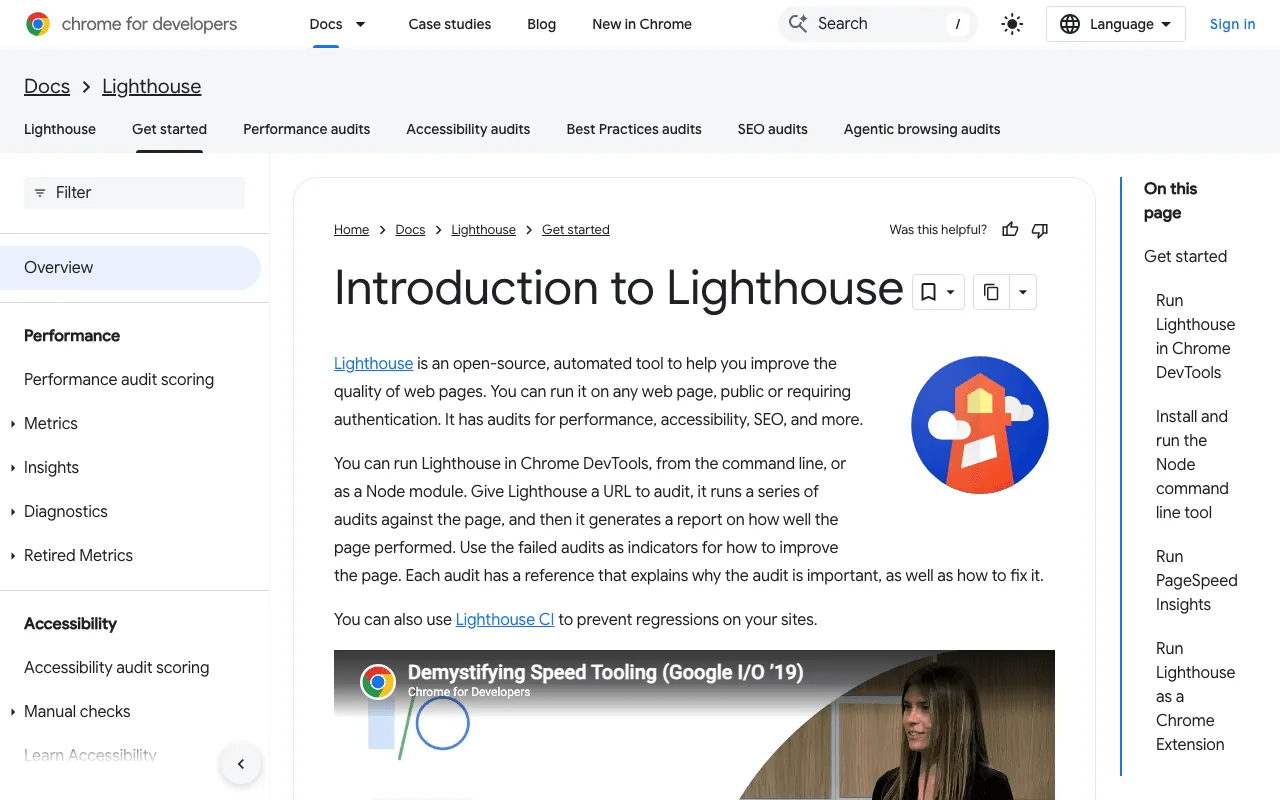 Chrome for Developers page introducing Lighthouse and its accessibility, performance and SEO audits