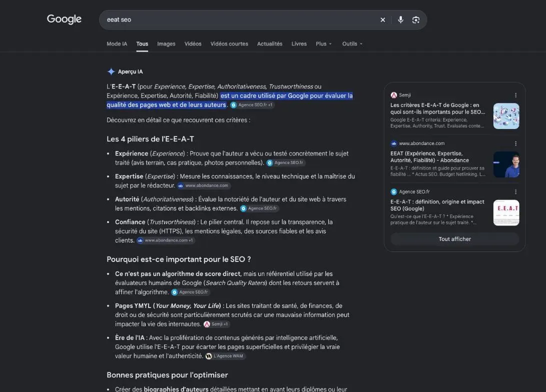 Résultats de Google pour la recherche « eeat seo »