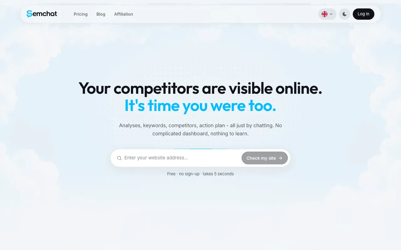 Home page of the official SemChat site in English with the sign-up button