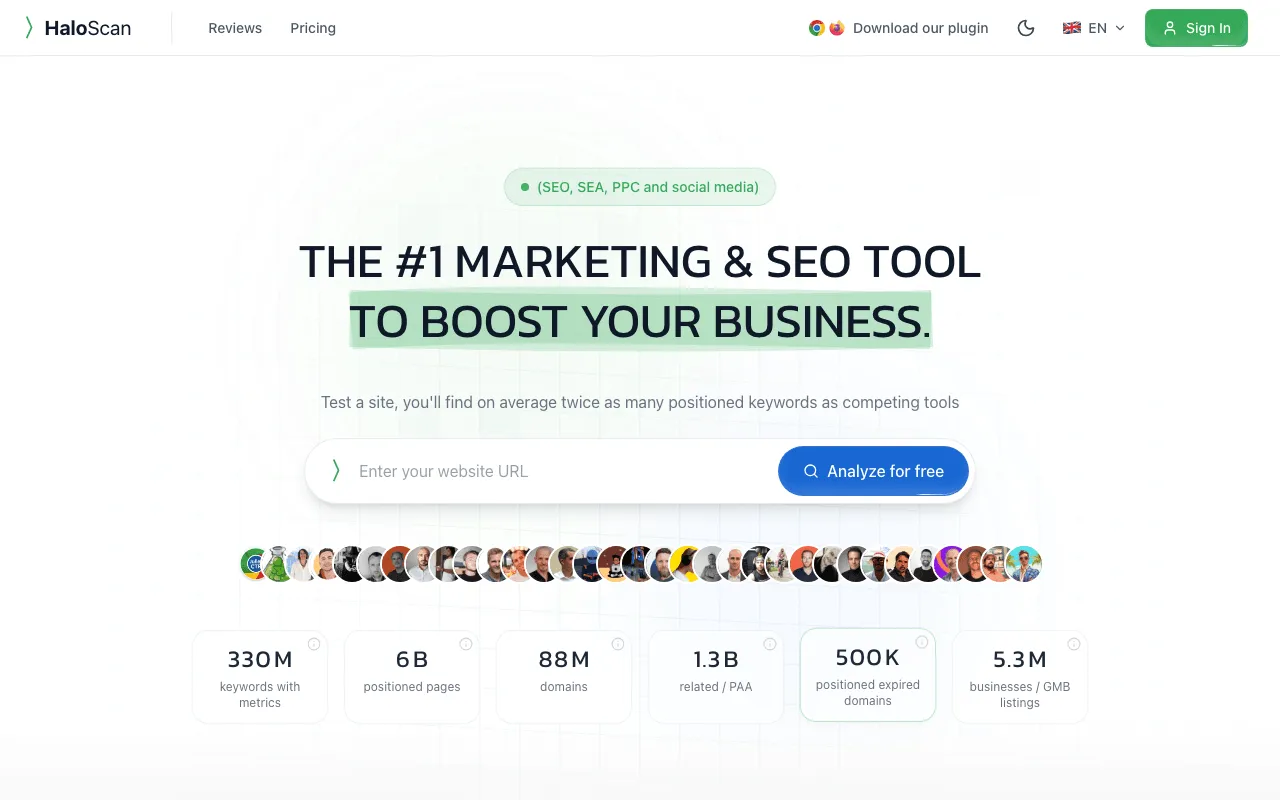 Haloscan English home page presenting its keyword and site analysis tool