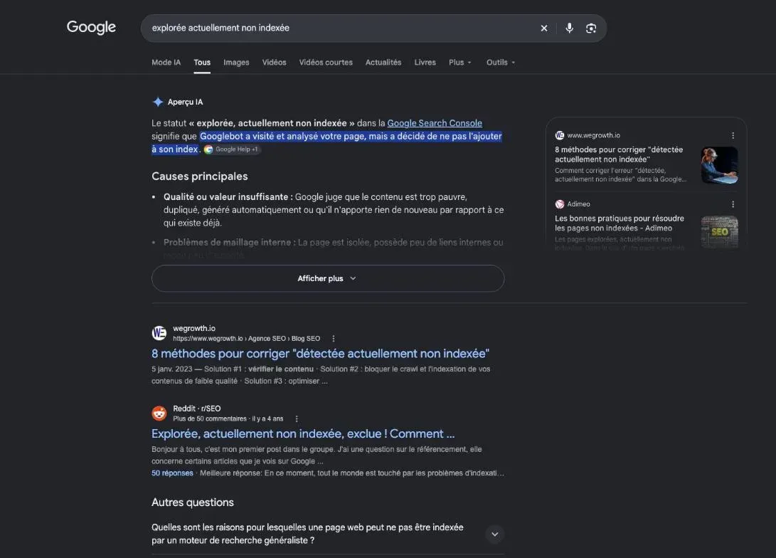 Résultats de Google pour la recherche « explorée actuellement non indexée »