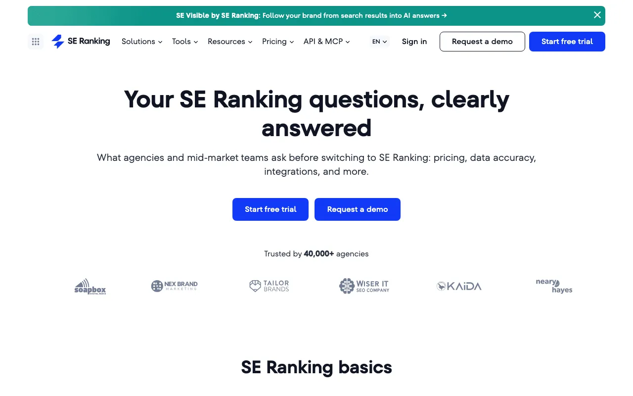 SE Ranking alternative check: its FAQ page in English with answers on the trial and the free plan
