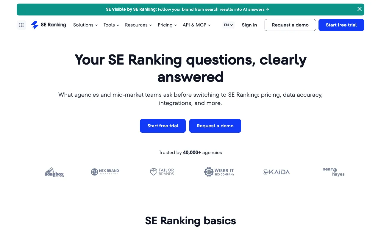 FAQ officielle de SE Ranking en anglais, avec ses réponses sur les prix et l’essai